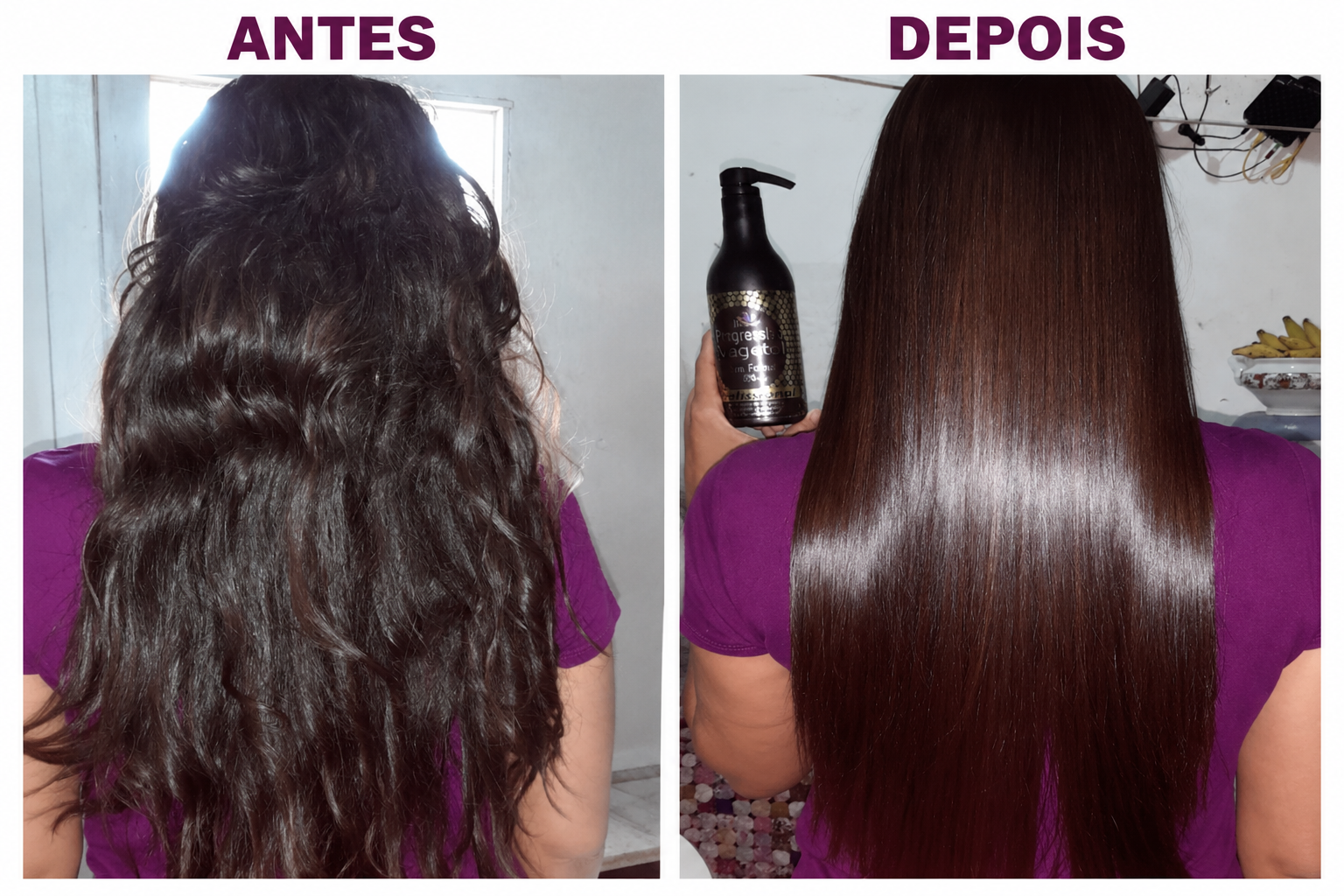 Antes e depois: cabelo volumoso e com frizz à esquerda; liso, alinhado e com brilho intenso à direita