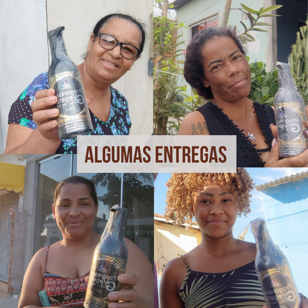 Colagem com quatro clientes reais sorrindo ao receber a Progressiva Vegetal em Creme em casa