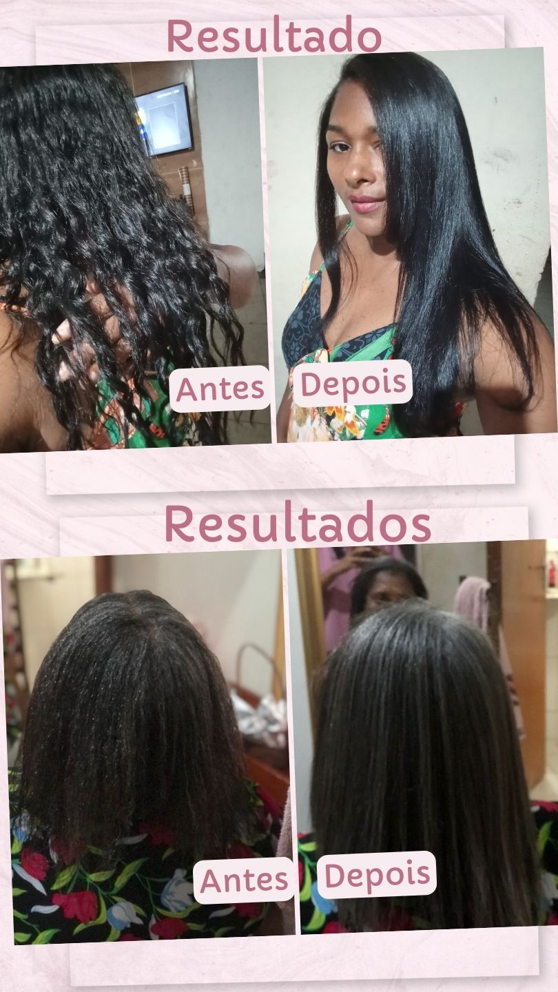 Duas transformações antes e depois: cabelos ondulados e ressecados que ficaram lisos e brilhantes